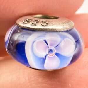 QG 925 Sterling Silver Blue Pink Flower Murano Glass Bead Charm For Bracelet